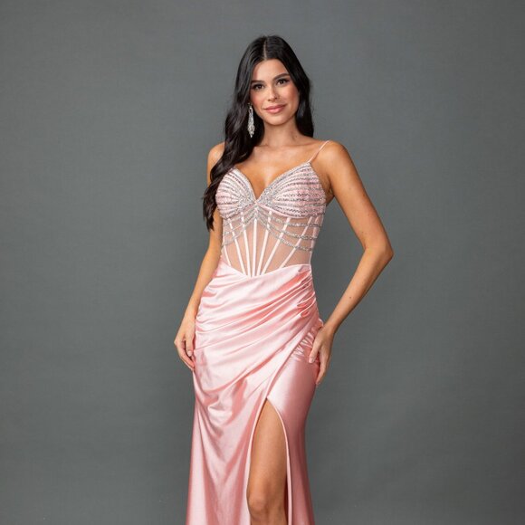 New Beads Embellished Sheath Prom Dress w/ V-Neck & Gathered Waistline DQ 4541 - Picture 1 of 8